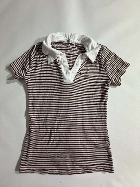 Haley & Jane Tops - Haley & June Brown Striped Short Sleeve Polo Shirt Womens S